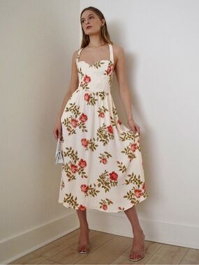 Reformation white cream pink floral Brixton midi cross back dress size 10